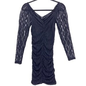 Blāshe Black Lace Ruched Long Sleeve Bodycon Dress S Sweetheart Neckline